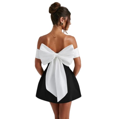AIBEARTY Women's Elegant Big Bow Off Shoulder Mini Dress Sexy Strapless Backless Party Cocktail Evening Wedding Dresses