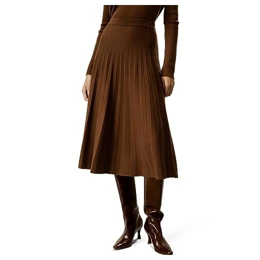 LilySilk Jupe 100 % laine mérinos Collegiate ultra fine pour femme Coupe A Ourlet tricoté Hiver Automne Jupe plissée Longueur genou, Caramel, L