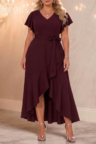 Image of Women Plus Size Wedding Guest Dress - Formal Cocktail Split Ruffle V Neck High Low Party Long Maxi Dresses