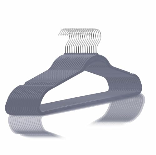 Image of Slim Plastic Hangers for Clothes - Heavy Duty Non-Velvet Hangers with 360 Swivel Chrome Hook & Non Slip Notches - Ideal for Dresses Coats Shirts Jackets & More (Grey, 60)
