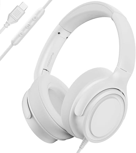 ADOOPE Wired Over-Ear Headphones with USB C Connector, Hi-Fi Stereo Sound, Noise-Isolating Ear Cups, Comfortable Fit for USB C Devices (No Bag, White)
