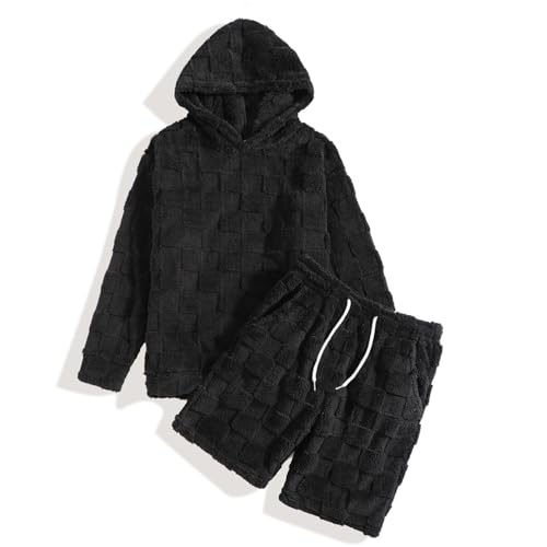 Kluantou Conjunto de pijama de forro polar para hombre, pijama mullido, con capucha, pantalones de pijama, ropa de invierno, sudadera de dos piezas, manga larga, sudadera con capucha y pantalones