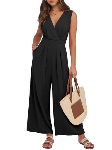 ANRABESS Women Jumpsuits Sleeveless V Neck Elegant Dressy Casual Backless One Piece Pants Romper 2025 Summer Outfits Black Medium