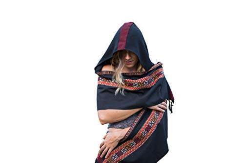 Black Handmade Hooded Scarf with Hood Cashmere Wool, Hoodie Earthy Tribal Pattern Festival Gypsy AJJAYA Winter Warm Primitive Natural