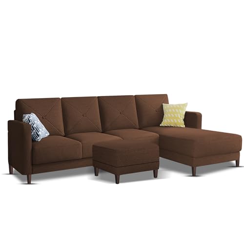 Image of Baloney RHS 6 Seater L Shape Sofa Set with Center Table for Living Room (Brown Fabric) Premium Fabric Sofa