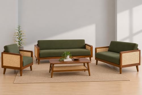 Image of Sainistree Sheesham Wood 3+2 Seater Sofa | Solid Wood Cane & Rattan Sofa for Living Room | Mid-Century Modern Accent Sofa | Green Upholstery, Teak Brown Finish