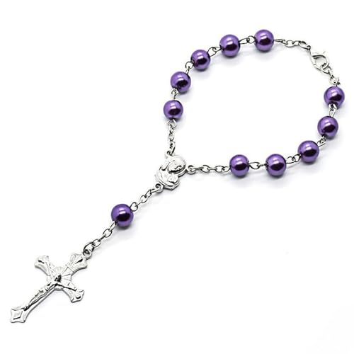 Catholic Purple Rosary Bead Bracelet Virgin Mary Cross Rosary Bead Bracelet for Car Hanging Baptism
