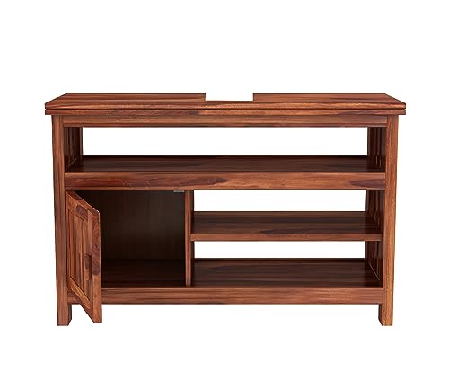 Image of Premium Solid Sheesham Wood TV Unit with 3 Shelves and 1-Door Storage for up to 45-inch TV - Elegant Living Room Furniture (Brewer, Honey Finish)