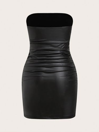 Image of SOLY HUX Leather Dress for Women PU Sexy Dresses Faux Leather Mini Strapless Dress Going Out Club Outfits Black M