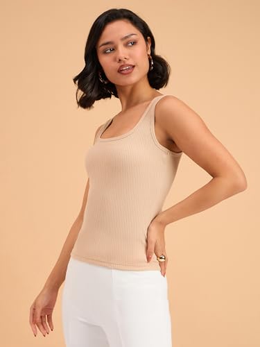 Image of barcino Beige Ribbed Square Neck Tank Top