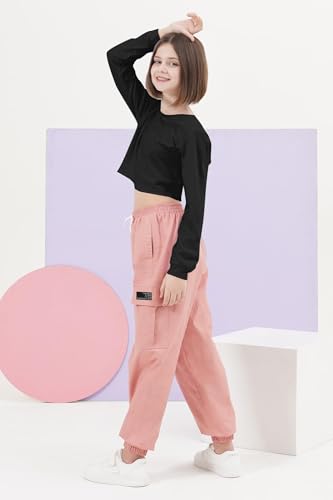 Image of SANGTREE Girls Fall Winter Clothing Sets, Girls Long Sleeve Crop Top and Cargo Jogger Pants Outfit Set,4T-14 Years