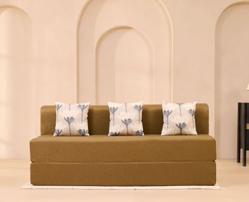 Image of uberlyfe Xtra High, Xtra Soft 3 Seater (6' x 6') Sofa Cum Bed | 1 Year Warranty | 17 inch Sofa Height | King Size Foldable Bed | Water Repellent Fabric | 3 Cushions Bloom Pattern | Rodhouse Brown Color