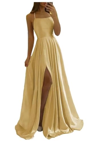 Image of Women Long Formal Dress Solid Satin Spaghetti Straps A Line Evening Cocktail Dresses with Slit