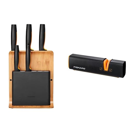 Fiskars Bambus Design-Messerblock mit 5 Messern & Messerschrfer fr  scharfe Messerklingen aus Stahl, Keramikschleifstein, Edge, Roll-Sharp,  Schwarz/Orange, 1003098 : Amazon.de: Kche, Haushalt & Wohnen