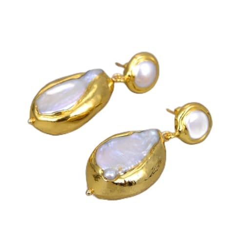jiChenxiang Conjunto clásico de Gargantilla, Collar, Pulsera y Pendientes con Perlas Keshi Blancas cultivadas y Cuentas bañadas en Oro para Mujer.