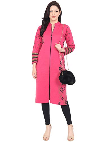 Image of Rosary Women's Winter Wear Jacquard Woolen Straight Kurti with 2 Side Pockets,RZ017HOTPINK-M