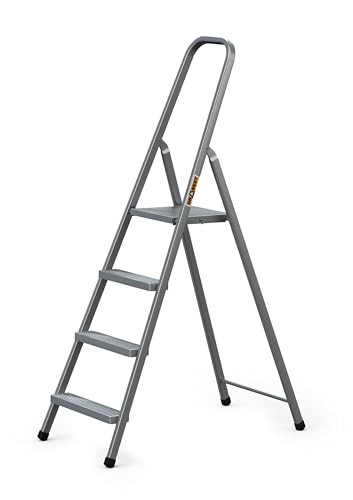 DRABEST - Stehleiter - mit 4 Stufen - bis 125 kg belastbar - 1,49 m lang - Arbeitshöhe 2,75 m - Trittleiter, Bockleiter aus Stahl pulverbeschichtet - für Haushalt, Malerarbeiten - Grau