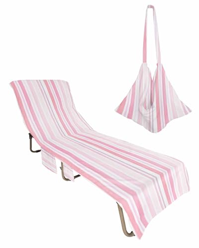 Geometric Pink Beach Chair Towel Covers for Chaise Lounge with Side Pocket, Soft Plush Pool Towels Cover for Patio Sunbathing Outdoor Gradual Solid White Shabby Chic Striped 29''x85''
