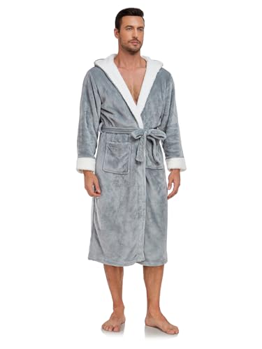 RONGTAI Mens Hooded Fleece Bathrobe Soft Plush Long Robe for Men with Belt & 2 Pockets2