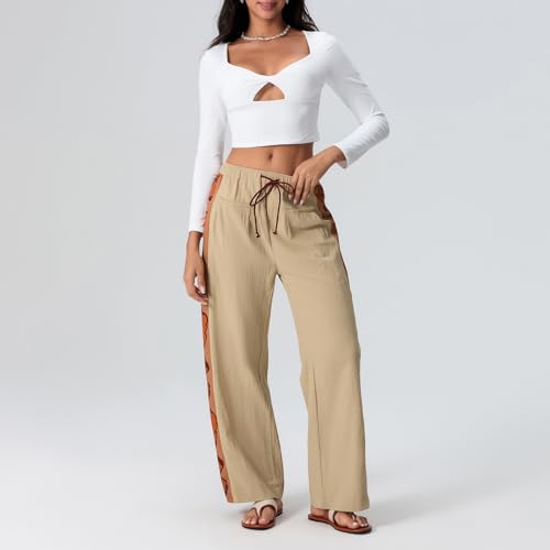 Awoscut Women's Drawstring Straight Wide Leg Pants Elastic Low Waist Side Print Casual Pants Lounge Trousers with Pockets2