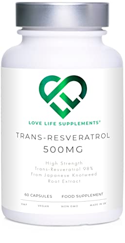 High Strength Trans-Resveratrol - 98% Purity (3rd Party Tested) | 500mg x 60 Capsules / 60 Servings | from Japanese Knotweed Root Extract | Pure Fill (Nothing Else Added) | Love Life Supplements