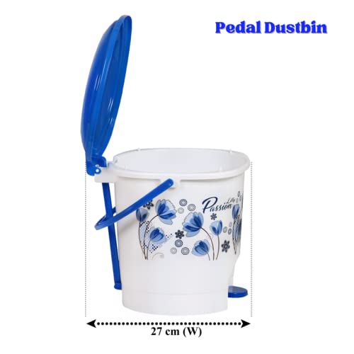Image of GoodWill Tech Floral Printed Plastic Pedal Dustbin with Lid and Handle For Home, Kitchen, Office (White-Blue)