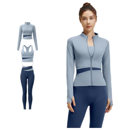 GuLiNiao Women's 3pcs Seamless Workout Outfits Sets, Yoga Sportswear Tracksuit Leggings and Stretch Sports Bra Fitness Blue, XXL