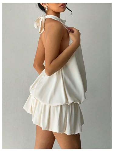 SweatyRocks Women's Y2k Backless Ruffle Bubble Going Out Self Tie Halter Mini Dress3