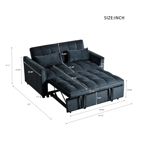 GERRIT 3 in 1 Convertible Sleeper Sofa Bed, Modern Pull Out Couch Bed with Adjustable Backrest, Velvet Loveseat Futon Sofa with Pillows & Pockets for Living Room, Apartment (Black)