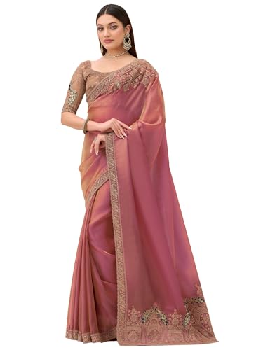 AKHILAM Women's Satin Heavy Embroidered Work Saree With Unstitche...