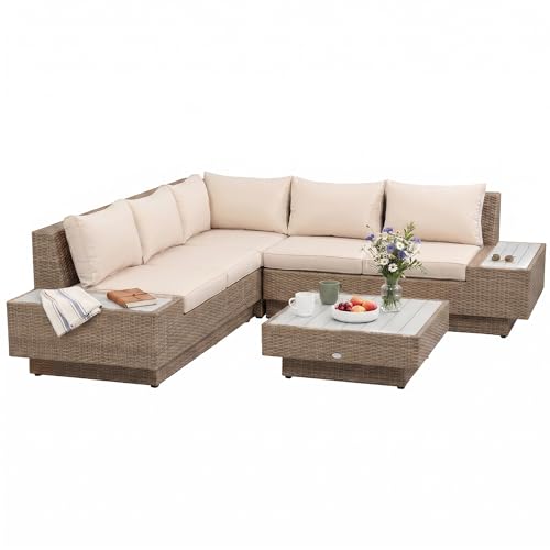 Image of Outsunny 4 Pieces Rattan Garden Furniture Set, Garden Corner Sofa with Side Trays, Wicker Conservatory Furniture Set with Loveseats, Slatted Plastic Top Coffee Table and Cushions, Beige