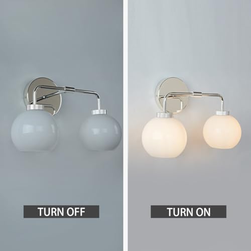 Image of 17 Inch Modern Glass Globe Double Sconce, Polished Chrome Metal Finish Wall Light for Bedroom, Hand-Polished Milky Glass Vanity Light Over Mirror, Elegant Light Fixtures for Indoor