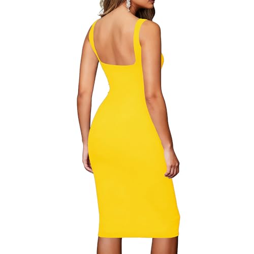 Image of TOPSRANI Women Sexy Midi Dress Bodycon Casual Sleeveless Basic Ruched Tank Summer Club Party Dresses