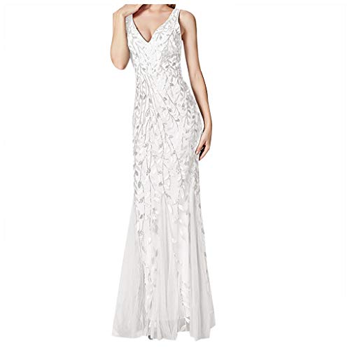 FORUU 2021 New Party Dress for Women,Plus Size Elegant Fishtail Evening Dress Sexy V-Neck Embroidered Beaded Sleeveless Dress Slim Fit Wedding Outfits Women Formal Dresses Best Gift