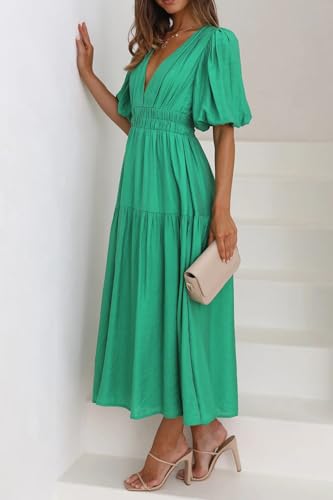 2025 Women Summer Short Sleeve V Neck Long Dress Casual Solid Color High Waisted Tiered A-Line Wedding Guest Dresses2