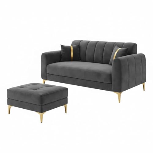 Image of Hermione Luxe Velvet-Suede Fabric 2 Seater Sofa Set with Ottoman | Golden Legs | Comfortable Seating | Modern Sofa for Living Room - Dark Gray
