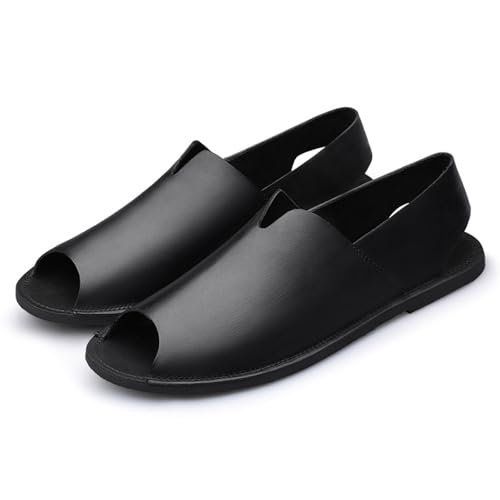Men's Leather Vcutout Fish Mouth Flat Roman Sandals Comfortable Breatheable Open Toe Soft Sole Summer Dual Use Slip On Beach Water Sandals for Outdoor Casual Driving Walking - Main Image