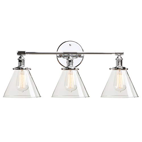 Image of Vintage Industrial Antique Three-Light Wall Sconces with Funnel Flared Clear Glass Shade (Chrome)
