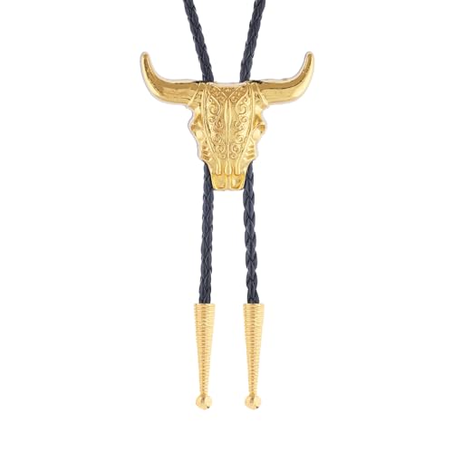 Image of GelConnie Longhorn Bull Bolo Tie for Men Native American Western Cowboy Leather Necktie Bolo Necklace for Women Gold Texas