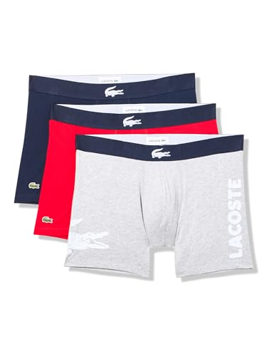 Lacoste Men's Cotton Stretch Big Croc Print Boxer Briefs, 3-Pack, Navy Blue/Grey/Red, Medium