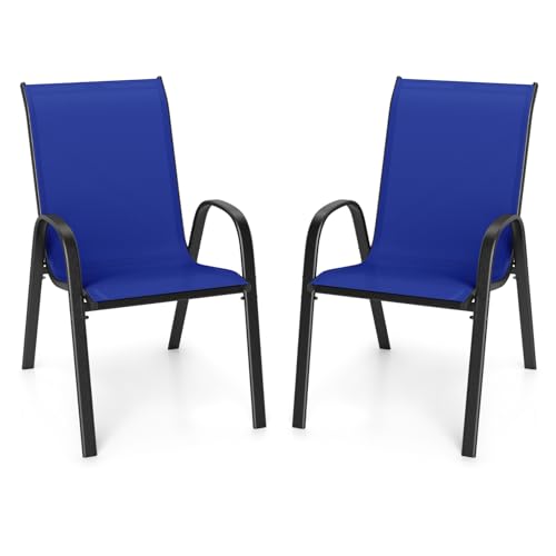 Image of Giantex Patio Chairs Set of 2, Stackable Outdoor Dining Chairs with Breathable & Quick-Dry Fabric & Armrests for All Weather, Lawn, Backyard, Poolside,Porch, Deck, 330 LBS Capacity (Blue)