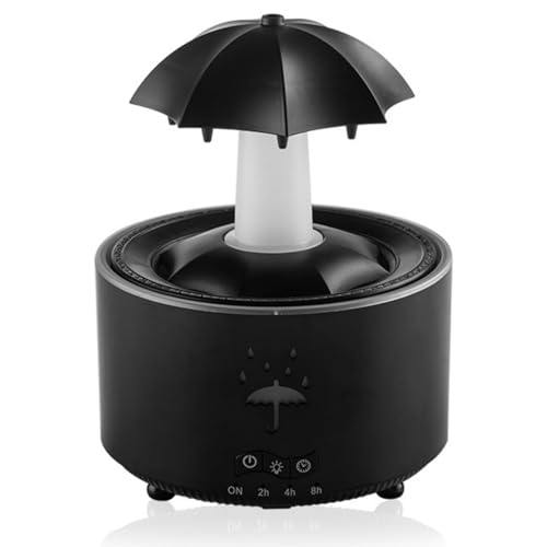 レイン加湿器、レインエフェクト付き傘ディフューザー、リモコン付き7色LED回転アロマディフューザー、レインエフェクト付き傘ディフューザー、タイマー設定、傘滝加湿器、家の装飾用 (Black)