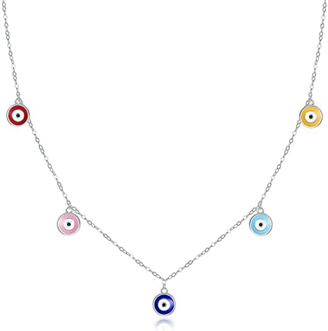 Shysnow Evil Eye Necklace Sterling Silver Blue Turkish Eyes Ojo Necklaces Dainty Multicolores Greek Evil Eyes Choker Pendant Chain Lucky Amulet Protection Jewelry Gifts for Women Girls Men