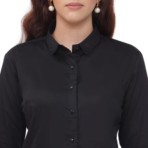 Image of Women's Cotton Solid Long Sleeve Shirt - Formal & Casual Button-Down Long Sleeve Collared Top for Office, Workwear 100% Soft Breathable Cotton Fabric