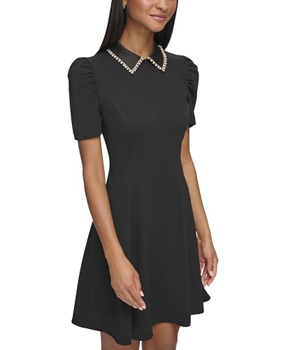 KARL LAGERFELD Women's Short Puff Sleeve Embellished Collar Scuba Crepe A-line Mini Dress3