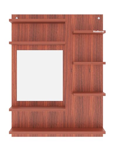 Image of Madhuran Ricco Engineered Wood Wall Mounted Dressing Table (Teak Finish) Royal Decorative Craft Washroom Mirrors Wash Basin Walls Mirror Bathroom Cabinet