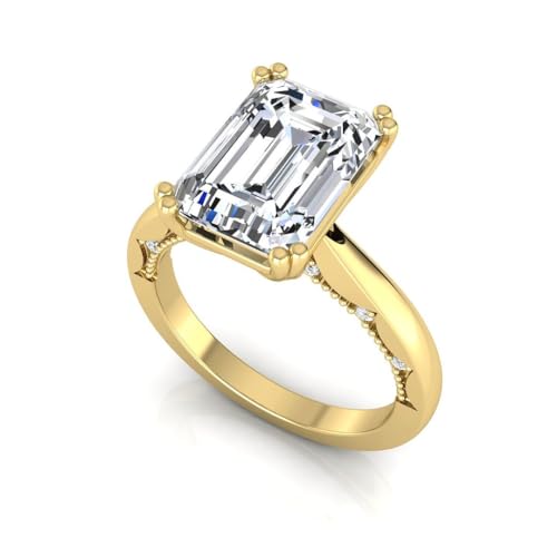 IGI Certified 3 Carat Emerald Cut Lab Grown Diamond (F, VVS2) 14K Gold Milgrain Solitaire Engagement Wedding Anniverary Promise Ring for Womens