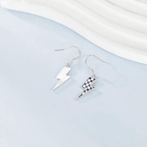 YFN Checkered Flag Earrings Sterling Silver Lightning Bolt Racing Flag Dangle Drop Earrings Black and White Race Car Jewelry for Women Racer Gifts4