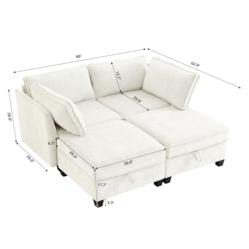 Image of ORRD Sleeper Modular Sectional Sofa Set, Convertible Couch Bed with Storage, 4 Seater and 2 Armrestes Sofa Modular for Living Room, Office (Beige)
