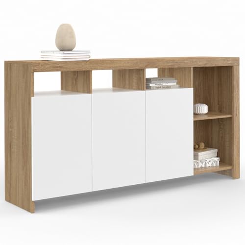 IDMarket - Buffet 140 cm Malo Bois façon hêtre et Portes Blanches